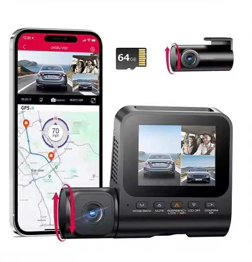 LINGDU 4K 3 Channel Wireless Dash Camera with Free 64GB Card,4K+1080P+1080P Front Inside and Rear Triple Car Camera,IR Night Vision, Voice Control,Build-in GPS 24H Parking Mode, Easy to Install(V630)