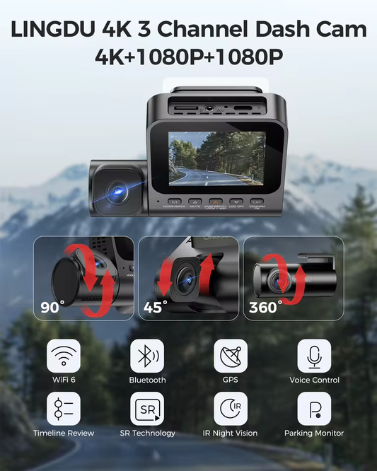 LINGDU 4K 3 Channel Wireless Dash Camera with Free 64GB Card,4K+1080P+1080P Front Inside and Rear Triple Car Camera,IR Night Vision, Voice Control,Build-in GPS 24H Parking Mode, Easy to Install(V630)