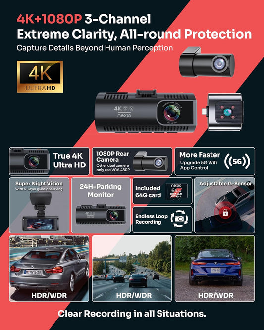 NEXIO M550MAX 4K Triple Channel Dash Cam, Front 4K + Interior 1080P + Rear 1080P, Built-in Wi-Fi 6 & GPS, IR Night Vision, 170° Wide Angle, 24H Parking Monitor, 3.16” IPS Screen, Free 64GB Card