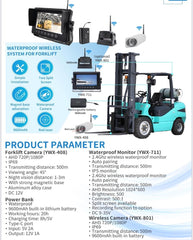7 Inch Wireless Forklift Camera System, 2-Channel, 1080P HD, Night Vision, Magnetic Base, Rechargeable Battery, for Warehouse Safety