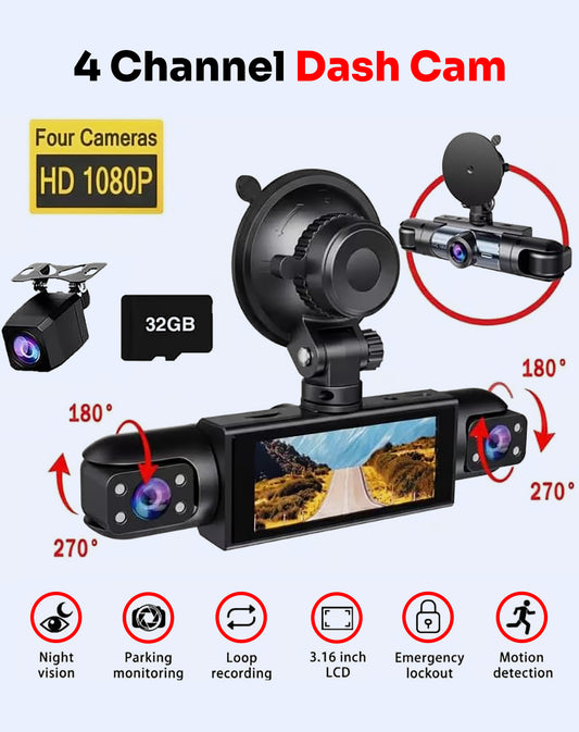 MTSCA C260 4 Channel 360° Car Dash Cam System with Front, Inside Left Inside Right and Rear Cameras, Night Vision, G-Sensor & Loop Recording App Control FREE 32gb Memory Card
