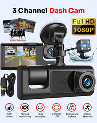 3 Channel Dash Cam Front, Inside and Rear, 1080P FHD Three Channels Dash Camera for Cars, WDR, G Sensor, Loop Recording, Parking Monitor, 24 Hours Recording WiFi app Monitoring