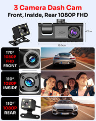 3 Channel Dash Cam Front, Inside and Rear, 1080P FHD Three Channels Dash Camera for Cars, WDR, G Sensor, Loop Recording, Parking Monitor, 24 Hours Recording WiFi app Monitoring