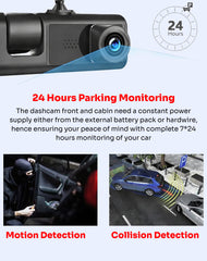 3 Channel Dash Cam Front, Inside and Rear, 1080P FHD Three Channels Dash Camera for Cars, WDR, G Sensor, Loop Recording, Parking Monitor, 24 Hours Recording WiFi app Monitoring