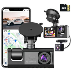 3 Channel Dash Cam Front, Inside and Rear, 1080P FHD Three Channels Dash Camera for Cars, WDR, G Sensor, Loop Recording, Parking Monitor, 24 Hours Recording WiFi app Monitoring