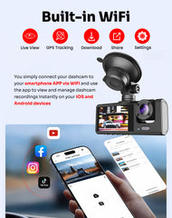 3 Channel Dash Cam Front, Inside and Rear, 1080P FHD Three Channels Dash Camera for Cars, WDR, G Sensor, Loop Recording, Parking Monitor, 24 Hours Recording WiFi app Monitoring