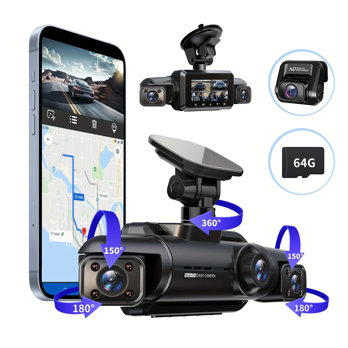 A365 Dash Cam, 4 Channel Camera FHD 1080Px4, Front, Left, Right and Rear, Front and Rear Inside, Built in GPS WiFi, Support 256 GB Max, Free 64GB Card, A365-4CH