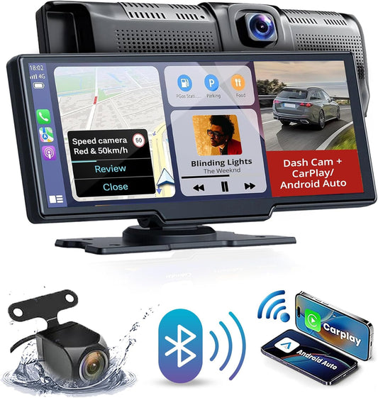 10.26" Wireless CarPlay & Android Auto Screen for Car, 4K Front and 1080P Rear Dual Dash Cam with GPS Navigation, 5G WiFi, Bluetooth, Siri Voice Control, 24H Parking Monitor