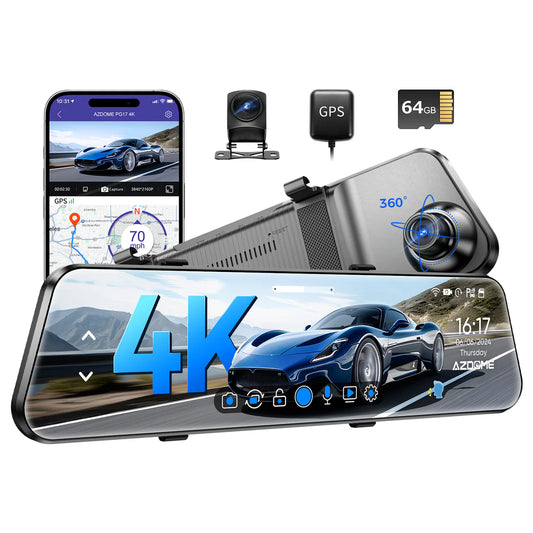 AZDOME PG17 12" Mirror Dash Cam GPS WiFi6 4K+2.5k Front & Rear 64GBCARD FREE