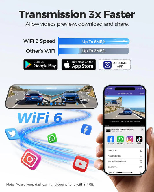 AZDOME PG17 12" Mirror Dash Cam GPS WiFi6 4K+2.5k Front & Rear 64GBCARD FREE