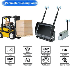 7 Inch Wireless Forklift Camera System, 2-Channel, 1080P HD, Night Vision, Magnetic Base, Rechargeable Battery, for Warehouse Safety