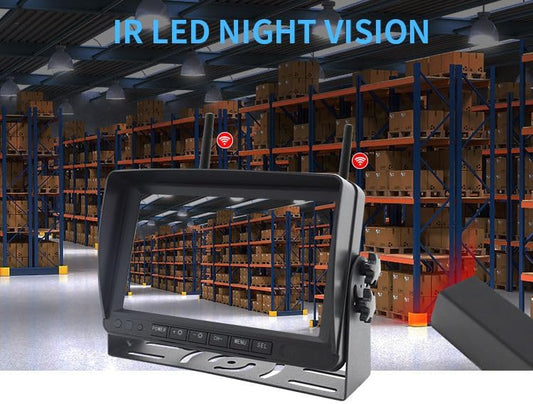 7 Inch Wireless Forklift Camera System, 2-Channel, 1080P HD, Night Vision, Magnetic Base, Rechargeable Battery, for Warehouse Safety