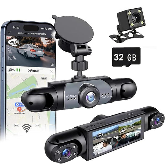 MTSCA C260 4 Channel 360° Car Dash Cam System with Front, Inside Left Inside Right and Rear Cameras, Night Vision, G-Sensor & Loop Recording App Control FREE 32gb Memory Card