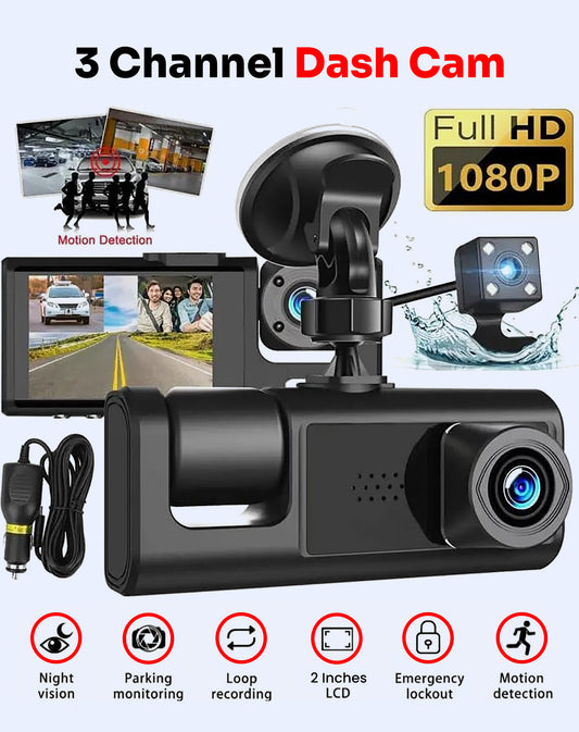 3 Channel Dash Cam Front, Inside and Rear, 1080P FHD Three Channels Dash Camera for Cars, WDR, G Sensor, Loop Recording, Parking Monitor, 24 Hours Recording WiFi app Monitoring