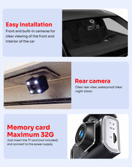 3 Channel Dash Cam Front, Inside and Rear, 1080P FHD Three Channels Dash Camera for Cars, WDR, G Sensor, Loop Recording, Parking Monitor, 24 Hours Recording WiFi app Monitoring