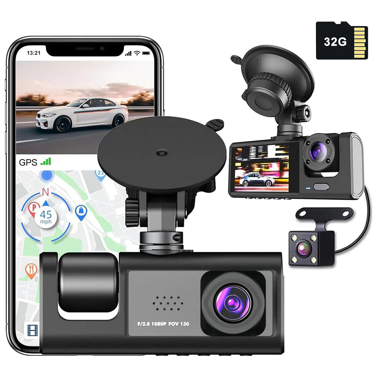 3 Channel Dash Cam Front, Inside and Rear, 1080P FHD Three Channels Dash Camera for Cars, WDR, G Sensor, Loop Recording, Parking Monitor, 24 Hours Recording WiFi app Monitoring