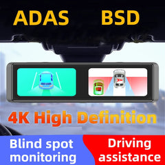 12" Rearview Mirror Dash Cam, 2K Front and 1080P Rear Dual Lens Car Camera, Smart Touch Screen Backup Camera with Night Vision, Built-In Wi-Fi, G-Sensor, Loop Recording, 24H Parking Monitor