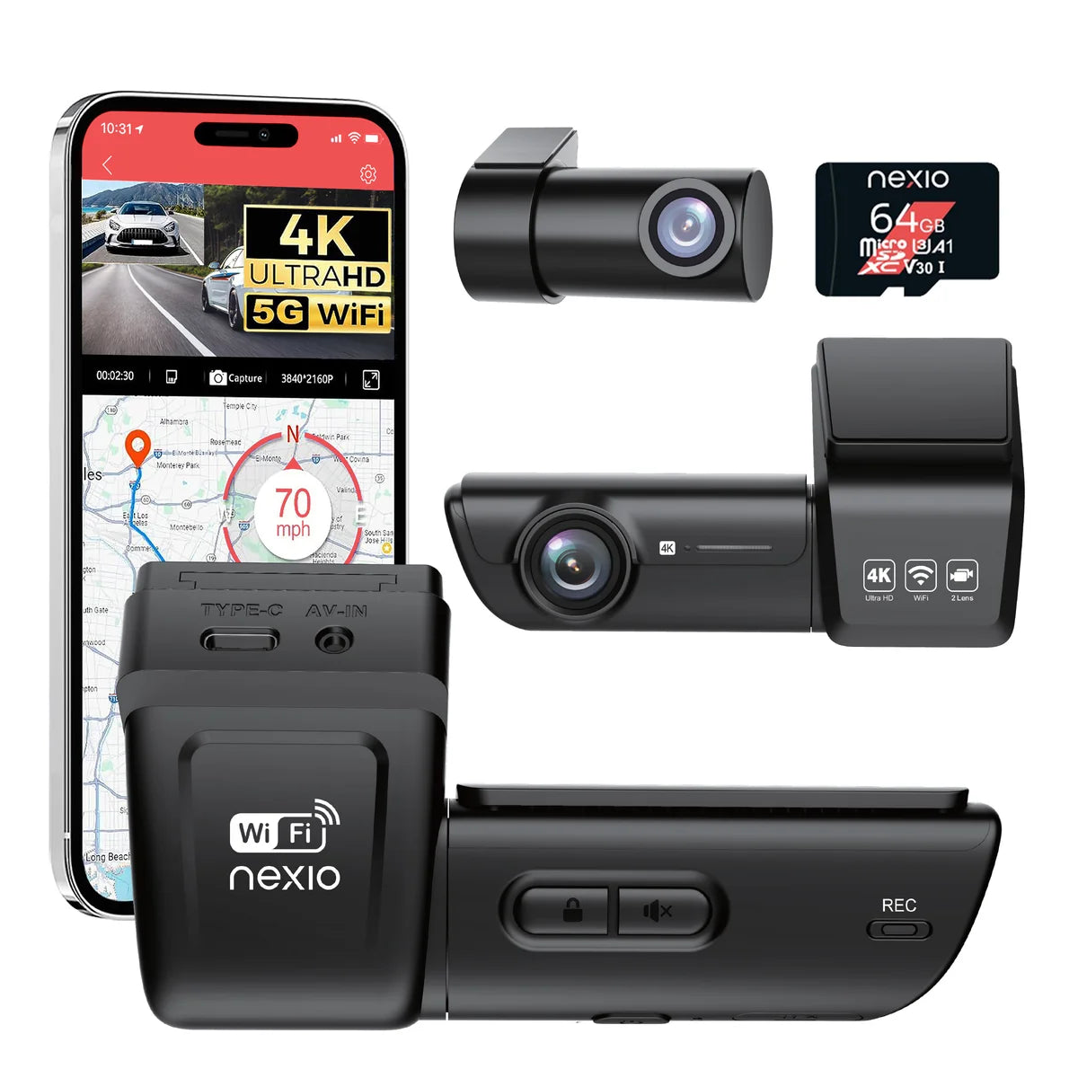 Nexio N8 4K Dual Dash Cam, 4K Front + 1080P Rear, GPS, 5.8GHz Wi-Fi, 24H Parking Monitor