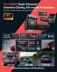 Nexio N8 4K Dual Dash Cam, 4K Front + 1080P Rear, GPS, 5.8GHz Wi-Fi, 24H Parking Monitor
